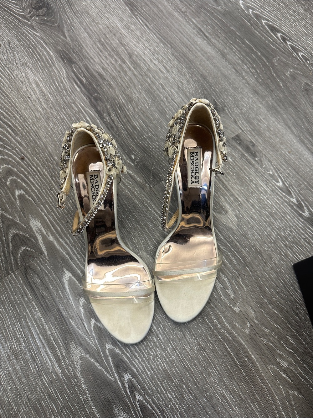 Badgley Mischka Ivory and Gold Embellished Clear-Strap Heels